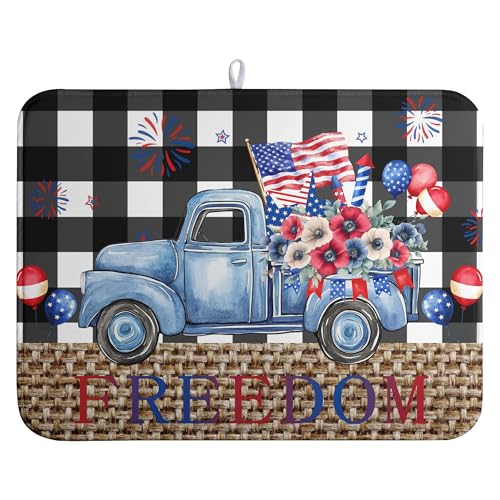 4th of July Buffalo Plaid Dish Drying Mat Patriotic Large Kitchen Mat Dish Drying Pad Absorbent Dish Dryer Mat for Kitchen Countertops Microfiber Drainer Pad Dish Drying Rack Mat
