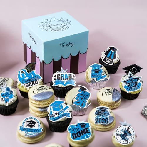 48Pcs Edible Graduation Cap 2026 Cupcake Toppers Wafer Paper Grad Cap Diploma Cake Decoration Picks for 2026 Grad Theme Party Cake Decor Supplies Black Blue (48 Count)