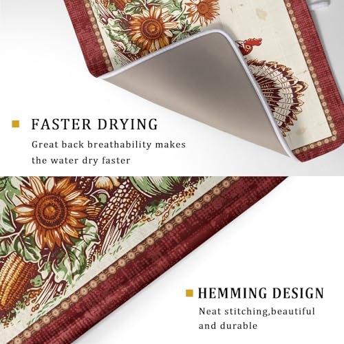Rustic Turkey Dish Drying Mat for Kitchen Countertop 18x24 inch Fall Thanksgiving Pumpkin Sunflowers Harvest Dish Drainer Mats Fast Drying Farmhouse Country Dish Drying Pad Holiday Decor Large