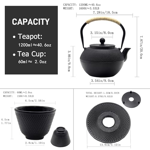 40.6oz Black Cast Iron Tea Pot Set with Teacups
