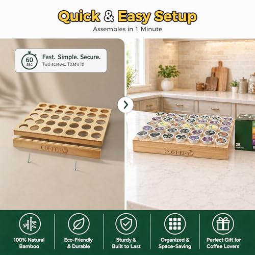 BamBoo k cup holder Drawer or Countertop k cup Organizer Coffee Pod Holder Hold 35 Coffee Pod Storage Kcup coffee pods holder for coffee station Office and Kitchen k cup storage