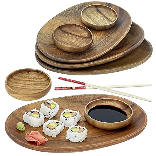 Woodard & Charles Acacia Wood 12" Oval Tray with Dip Bowls