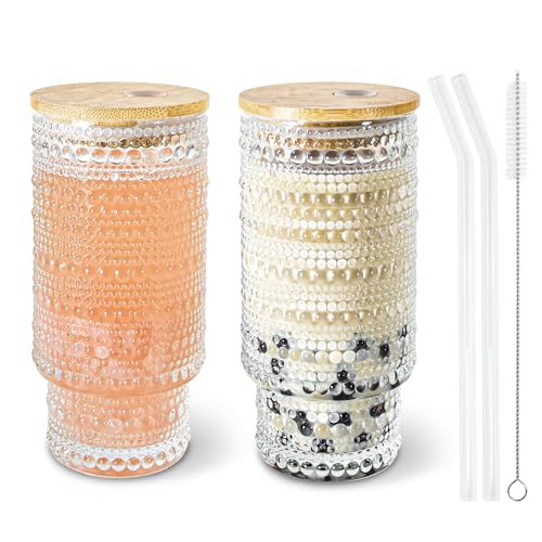 16 oz Hobnail Glass Cups with Lids and Straws Drinking Glasses of 2 (2 Count)