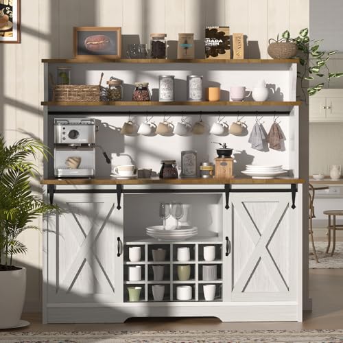 55'' Farmhouse Coffee Bar Cabinet with 3 Tier Storage Hutch