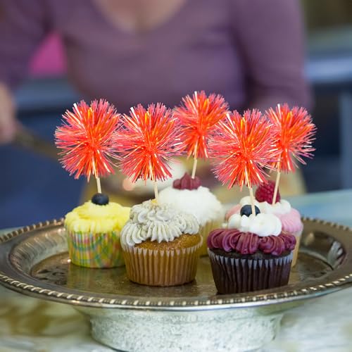 30Pcs Foil Firework Cupcake Toppers Sparkle Tinsel Cake Toppers Tinsel Drink Cake Decoration Cocktail Picks for Birthday Wedding Graduation Party Supplies Dark Orange (30 Count)