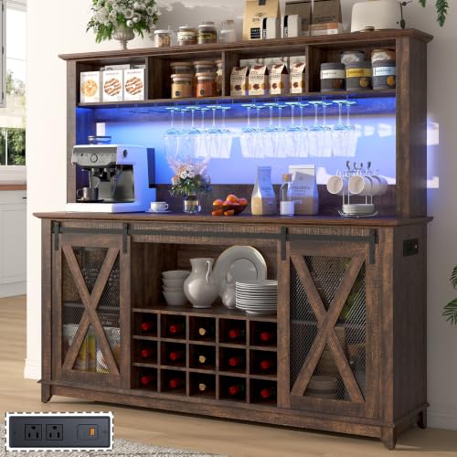 63"Wide 58"H Farmhouse Coffee Bar Cabinet with Power Outlet and LED Light