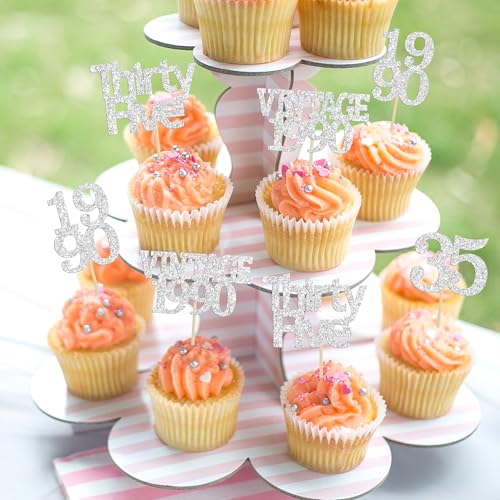 24Pcs Happy 35th Birthday Cupcake Toppers Glitter Thirty Five 35 Fabulous Vintage 1990 Cupcake Picks for 30th Birthday Wedding Anniversary Party Cake Decorations Supplies Rose Gold (24 Count)