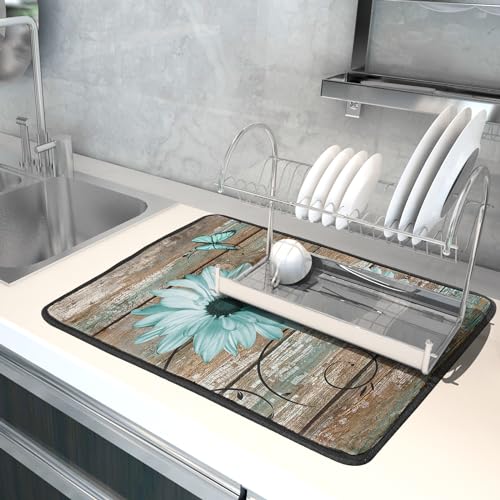 Rustic Daisy Dish Drying Mat for Kitchen Countertop 18x24 inch Teal Sunflowers on Wooden Board Dish Drainer Mats Fast Drying Country Vintage Shabby Chic Flower Dish Drying Pad Decor Large