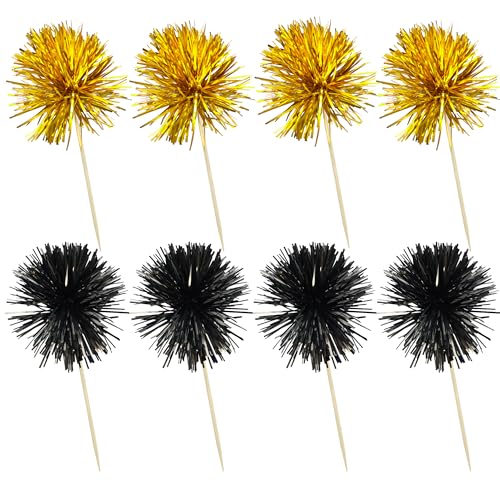 30Pcs Foil Firework Cupcake Toppers Sparkle Tinsel Cupcake Picks Happy Birthday Cake Decorations Drink Stirrers Cocktail Food Toothpicks for Baby Shower Graduation Party Supplies Black Gold (30 Count)