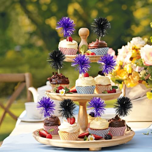 30Pcs Foil Firework Cupcake Toppers Sparkle Tinsel Cake Toppers Tinsel Drink Cake Decoration Cocktail Picks for Birthday Wedding Graduation Party Supplies Black Purple (30 Count)