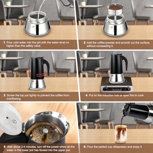 6 Cup Stovetop Espresso Maker Stainless Steel Moka Pot Stove Top Percolator Italian Coffee Makers Capable Mocha Greca Machine Cafe Classic Induction Cookers for Home and Camping 300ml 10oz