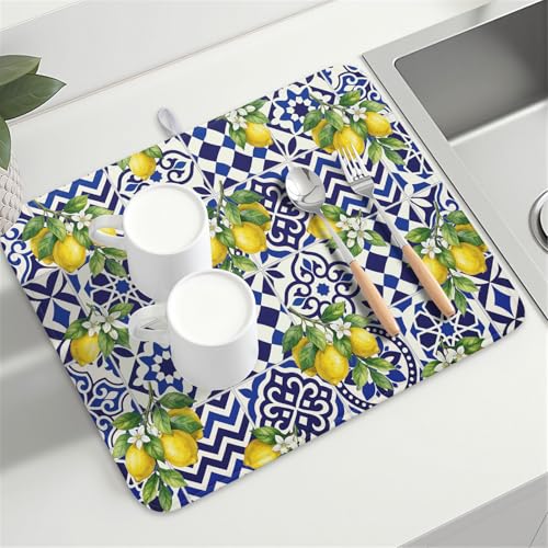 Lemon and Blue Tile Dish Drying Mat 18x24 Inch Absorbent Reversible Mexican Tilt Drying Mat Blue White Italy Lemons Dish Drying Rack Mat Summer Themed Dish Drainer Mat for Kitchen Counter Coffee Bar
