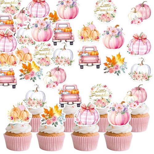 72Pcs Edible Pumpkin Cupcake Toppers Autumn Thanksgiving Theme Party Wafer Paper Flowers Pumpkin Cupcake Toppers Baby Gender Reveal Party Supplies