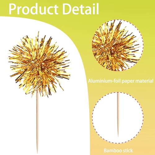 40 PCS Foil Firework Cupcake Toppers Fireworks Cupcake Picks Sparkle Tinsel Cake Decorations Cocktail Fruit Toothpick for Firework Theme Birthday Wedding Graduation Party Decorations Supplies Gold (40 Count)