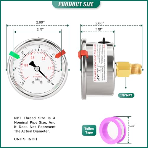30inHG 0PSI Stainless Steel Liquid Filled Pressure Gauge