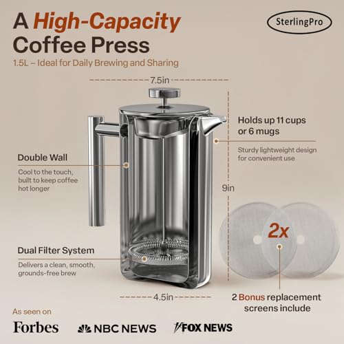 Non Toxic Large Insulated Stainless Steel French Press Coffee Maker 51oz Capacity