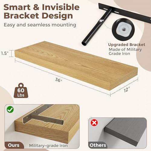 36 Inch Oak Floating Shelves for Wall (2 Count)
