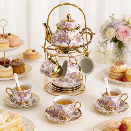 20 Pcs Porcelain Tea Set with Metal Holder (20 Count)