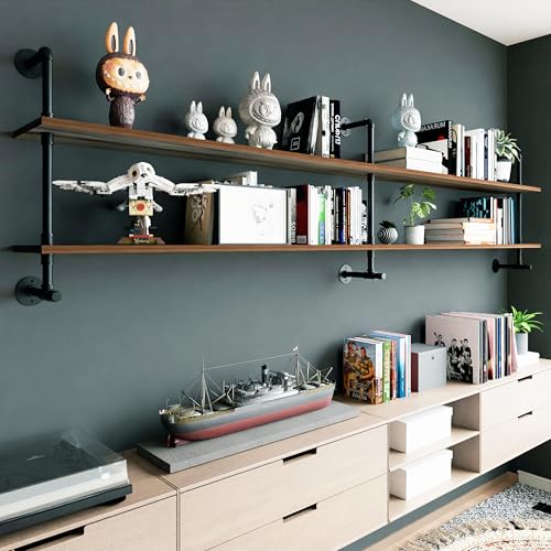 Industrial Pipe Wall Shelves Pipe Shelving with Real Wood Plank 70 Inches (2 Count)