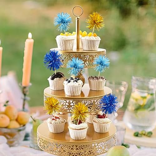 30Pcs Foil Firework Cupcake Toppers Sparkle Tinsel Cake Toppers Tinsel Drink Cake Decoration Cocktail Picks for Birthday Wedding Graduation Party Supplies Gold Light Dark Blue (30 Count)