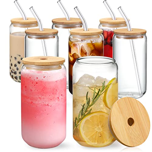 8pcs Set ] Drinking Glasses with Bamboo Lids and Glass Straw (8 Count)