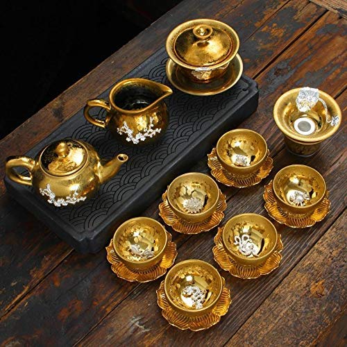 Silver 9pcs Inlaid Silver Tea Set Kung Fu Ceramic Household Sterling Silver Tea Cup Lid Bowl Teapot for Gift