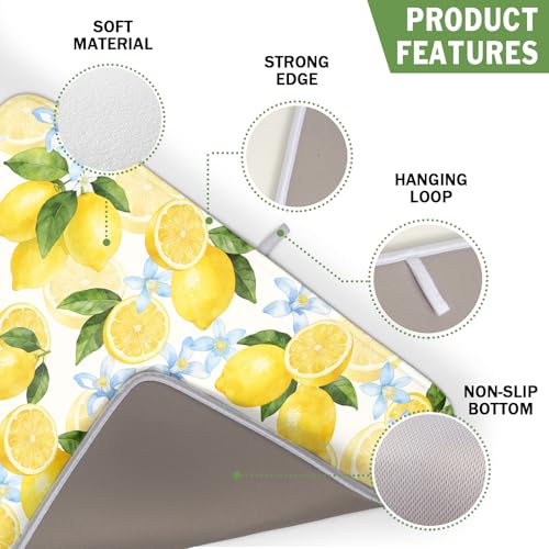 Lemon Dish Drying Mat 16x18 Inch Absorbent Reversible Summer Drying Mat Floral Lemon Fruits Dish Drying Rack Mat Yellow Summer Themed Dish Drainer Mat for Kitchen Counter Coffee Bar