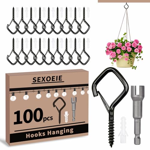100 PCS Black Eye Screw Hooks for Hanging Heavy Duty with Safety Buckle.Metal Ceiling Hooks for Hanging Plants Cup Wind Chime Bird Feeders Patio Lights At Indoor&Outdoor (100 Count)