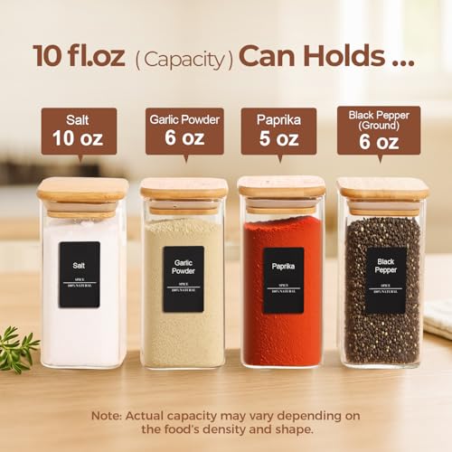 Glass Spice Jars with Labels 10 oz 12 Pack Large Square Bamboo Lids (12 Count)