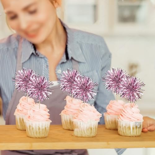 40 PCS Foil Firework Cupcake Toppers Sparkle Tinsel Cupcakae Picks Sparkler Fireworks Party Decorations Cocktail Fruit Toothpick for Birthday Wedding Graduation Party Decorations Supplies Pink (40 Count)