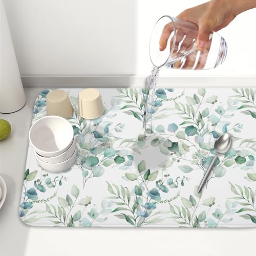Sage Green Leaves Dish Drying Mats for Kitchen Counter 18x24 Inch