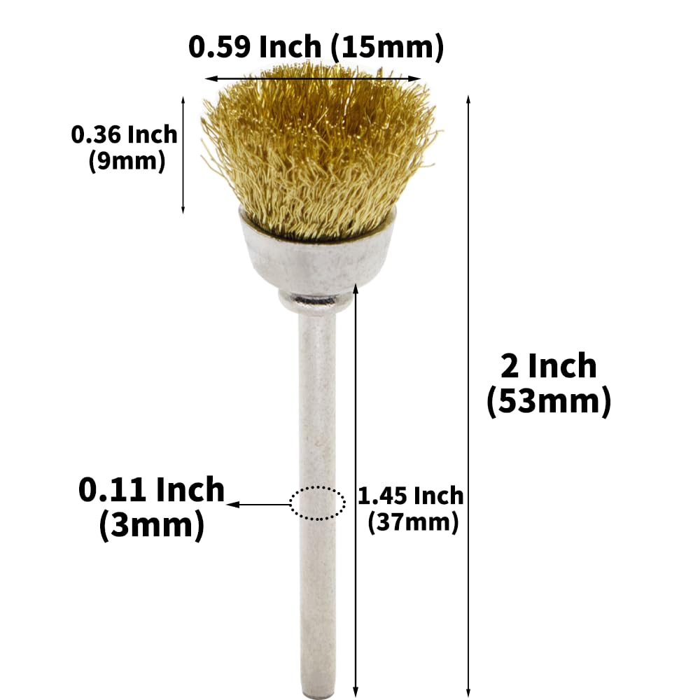 20PCS Brass Wire Brushes - Metal Rust Removal, Cleaning, and Polishing - 15mm Diameter, 1/8″ (3mm) Shaft - Removes Burrs, Dust, and Oxide Layer - Handles Rough Surfaces - Rotary Tool Accessories
