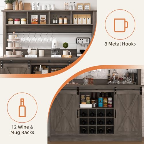 55” Farmhouse Coffee Bar with 4 Tier Storage Hutch