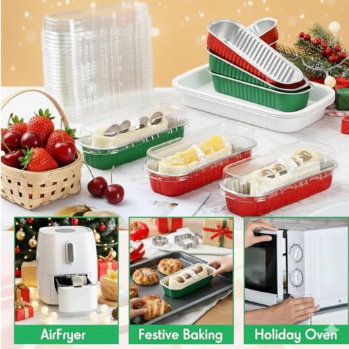 30 Pack 6.8oz Christmas Green Disposable Rectangular Aluminum Foil Mini Loaf Pans with Lids (30 Count)
