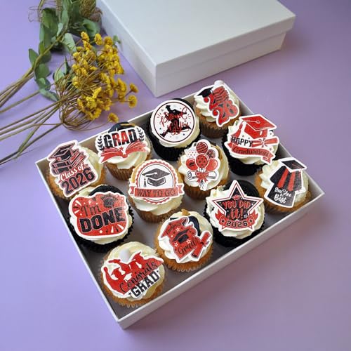 48Pcs Edible Graduation Cap 2026 Cupcake Toppers Wafer Paper Grad Cap Diploma Cake Decoration Picks for 2026 Grad Theme Party Cake Decor Supplies Black Red (48 Count)