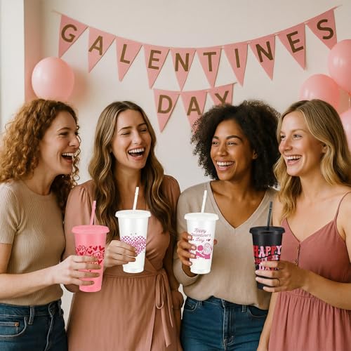 24 Pcs Galentines Gang Cups Bulk 24oz Plastic Reusable Galentines Day Tumbler with Lids and Straws Heart Valentine's Day Gifts Party Favors Supplies Decorations for Women Girls Friendship (24 Count)
