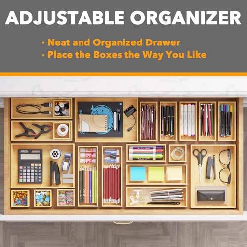 21 Piece Bamboo Drawer Organizer Storage Boxes Set