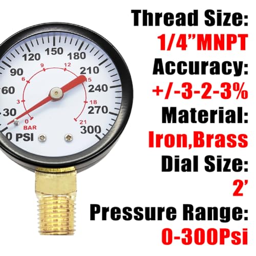 1 4" NPT 300Psi Steel Economical All Purpose Pressure Gauge with Brass Internals 2" Dial Display Bottom Mount