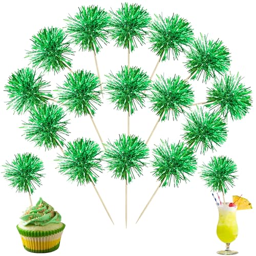30Pcs Foil Firework Cupcake Toppers Party Birthday Cake Toppers Supplies Sparkle Tinsel Cocktail Fruit Toothpick for Birthday Wedding Graduation Party Supplies Green (30 Count)