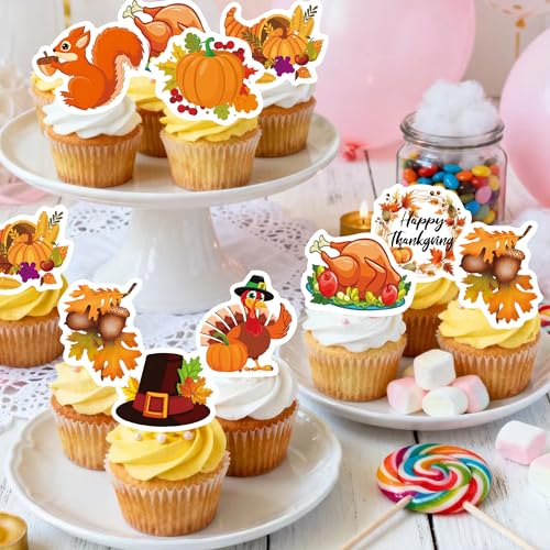72PCS Edible Thanksgiving Day Cupcake Toppers Wafer Paper Autumn Food Cake Decorations Edible Pumpkins Cupcake Picks for Autumn Thanksgiving Party Birthday Decor Supplies