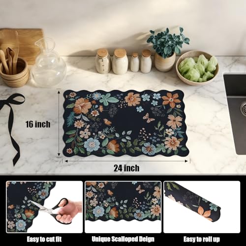 Scalloped Bohemian Coffee Bar Mat Dish Drying Mats for Kitchen Counter