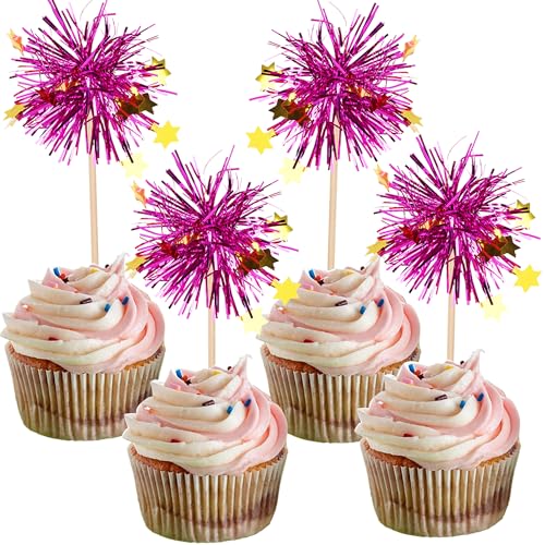 30 PCS Foil Firework Cupcake Toppers Happy Birthday Star Cupcake Picks Sparkle Tinsel Drink Stirrers Cocktail Fruit Toothpicks for Valentine's Day Wedding Birthday Party Decorations Supplies Purple (30 Count)