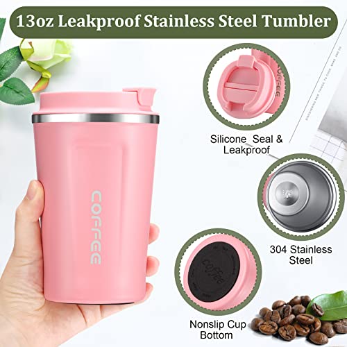4 Pcs 13 oz Travel Coffee Mug Insulated Reusable Coffee Cups with Leakproof Lid Stainless Steel Portable Tumbler for Keep Hot or Ice Milk Tea (4 Count)