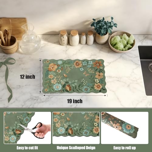 Scalloped Bohemian Boho Floral Flower Coffee Bar Mat Dish Drying Mats for Kitchen Counter