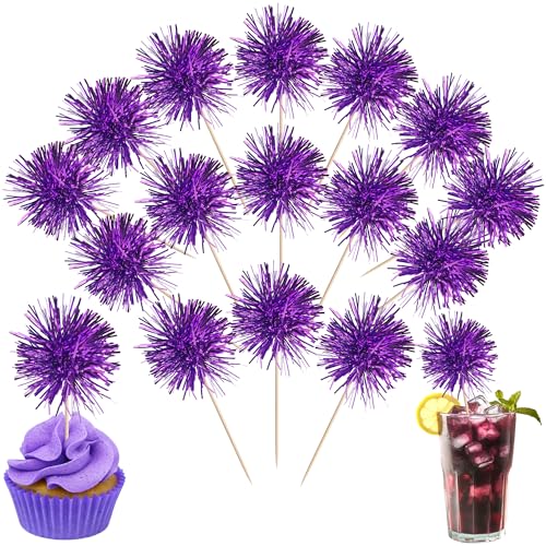 40 PCS Foil Firework Cupcake Toppers Fireworks Cupcake Picks Sparkle Tinsel Cake Decorations Cocktail Fruit Toothpick for Firework Theme Birthday Wedding Graduation Party Decorations Supplies Purple (40 Count)