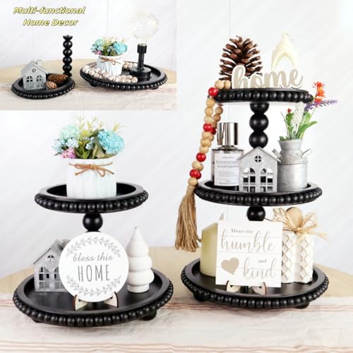 2 Tiered Tray Stand Display Farmhouse Tiered Tray with Beads Home Decor