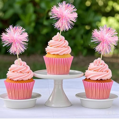 30Pcs Foil Firework Cupcake Toppers Sparkle Tinsel Cupcake Picks Happy Birthday Cake Toppers Drink Cocktail Food Fruit Toothpicks for Baby Shower Birthday Party Supplies Pink (30 Count)