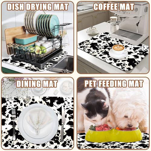 Dish Drying Mat Cow Print Coffee Bar Mat for Countertop Absorbent Drying Rack Pad Hide Stain Rubber Backed Dish Drainer Rack Pad Espresso Machine Dining Room Decoration 15.7 x 23.6 Inch