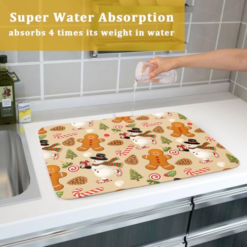 Xmas Gingerbread Man Candy Cane Dish Drying Mat for Kitchen Counter