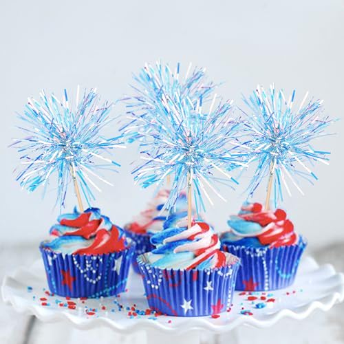 30 PCS Foil Firework Cupcake Toppers Happy Birthday Cupcake Toppers Sparkle Tinsel Flower Drink Stirrers Cocktail Fruit Toothpicks for Valentine's Day Baby Shower Party Cake Decor Supplies Blue (30 Count)